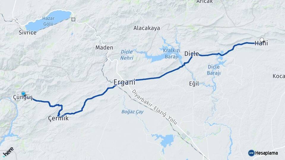 Diyarbakır Çüngüş Hani Arası Kaç Km - Yol Haritası