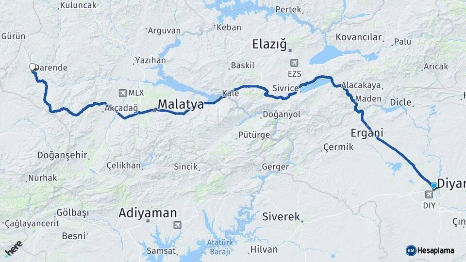 Diyarbakır Darende Malatya Arası Kaç Km - Yol Haritası
