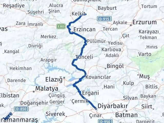 Diyarbakır Demirözü Bayburt Arası Kaç Km - Yol Haritası