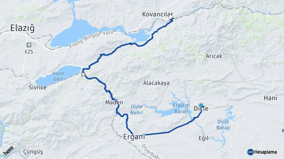 Diyarbakır Dicle Palu Elazığ Arası Kaç Km - Yol Haritası