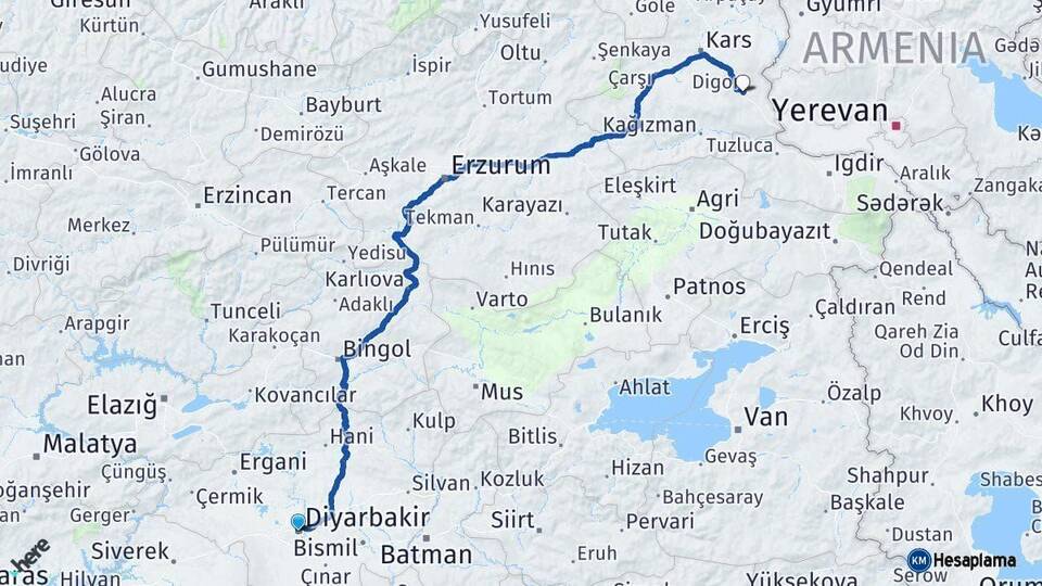 Diyarbakır Digor Kars Arası Kaç Km - Yol Haritası