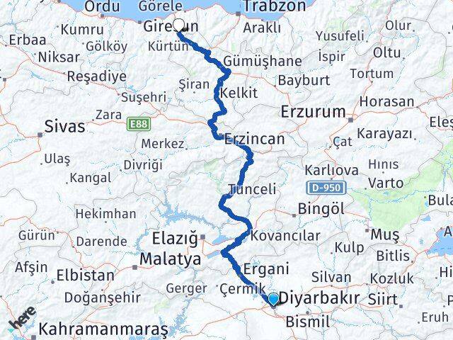 Diyarbakır Doğankent Giresun Arası Kaç Km - Yol Haritası