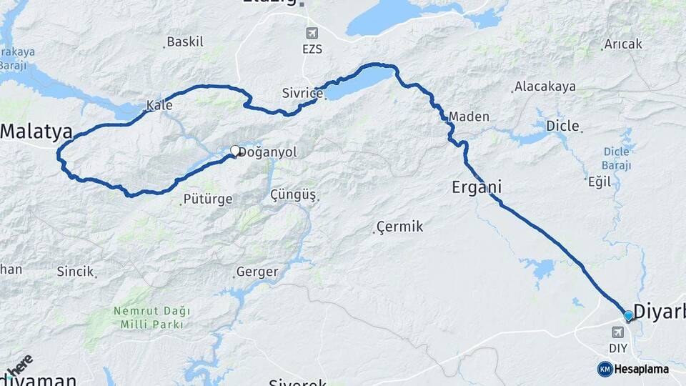 Diyarbakır Doğanyol Malatya Arası Kaç Km - Yol Haritası