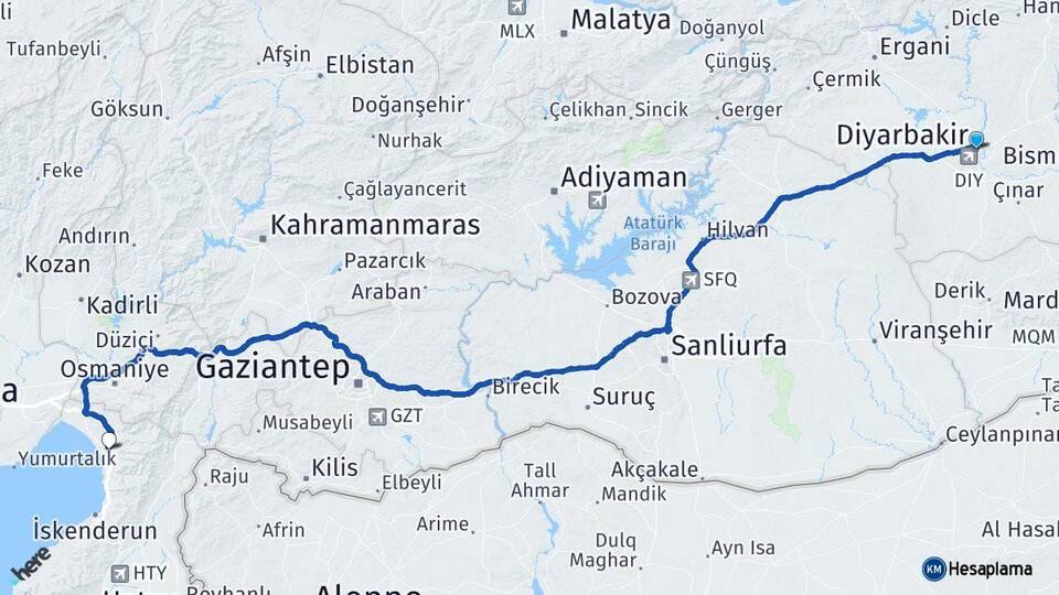 Diyarbakır Dörtyol Hatay Arası Kaç Km - Yol Haritası