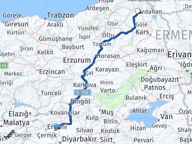Diyarbakır Eğil Ardahan Arası Kaç Km - Yol Haritası