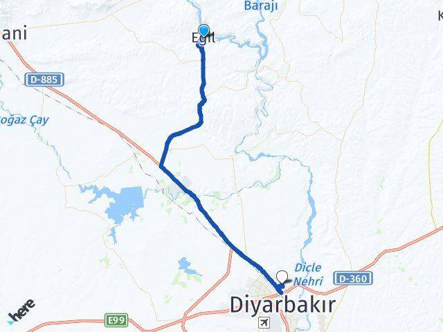 Diyarbakır Eğil Aziziye Yenişehir Arası Kaç Km - Yol Haritası