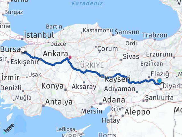 Diyarbakır Eğil Bursa Arası Kaç Km - Yol Haritası
