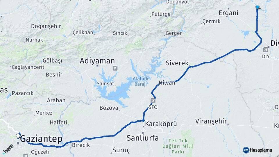 Diyarbakır Eğil Gaziantep Arası Kaç Km - Yol Haritası