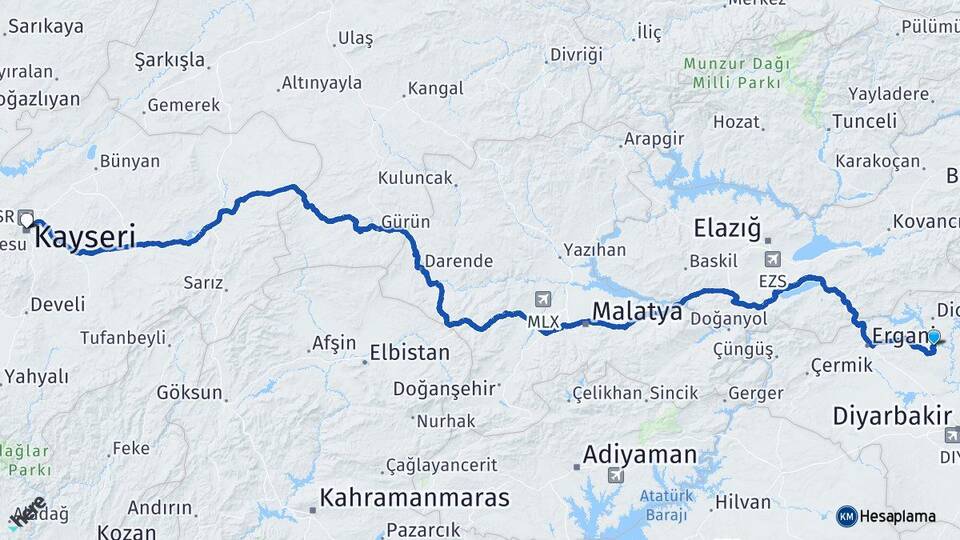 Diyarbakır Eğil Kayseri Arası Kaç Km - Yol Haritası
