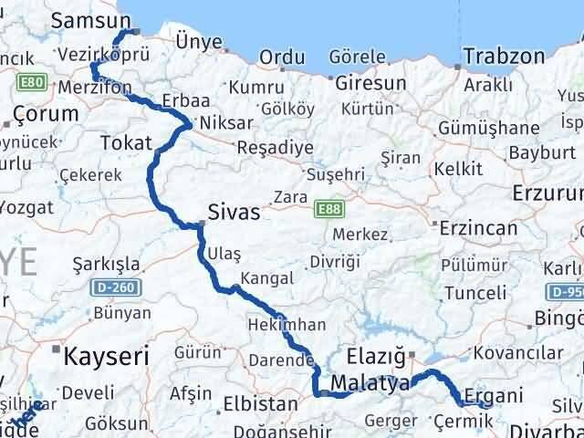 Diyarbakır Eğil Samsun Arası Kaç Km - Yol Haritası