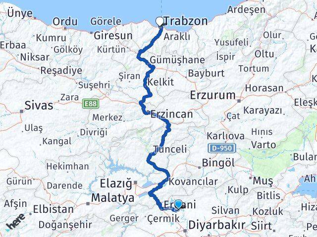 Diyarbakır Eğil Trabzon Arası Kaç Km - Yol Haritası