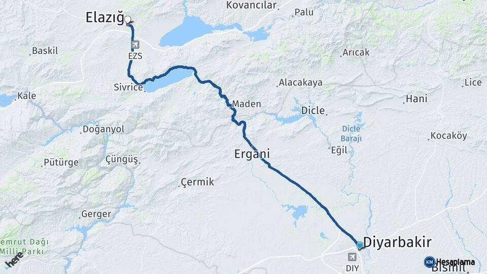 Diyarbakır Elazığ Arası Kaç Km - Yol Haritası