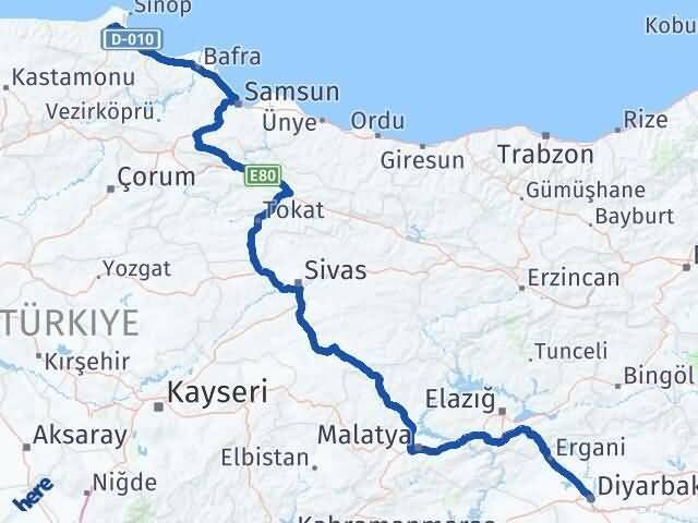 Diyarbakır Erfelek Sinop Arası Kaç Km - Yol Haritası