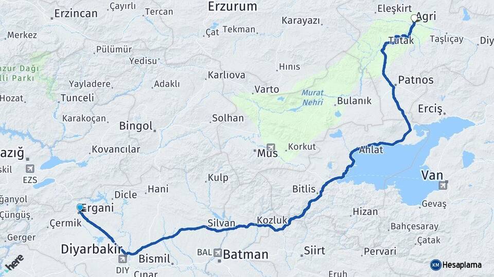 Diyarbakır Ergani Ağrı Arası Kaç Km - Yol Haritası