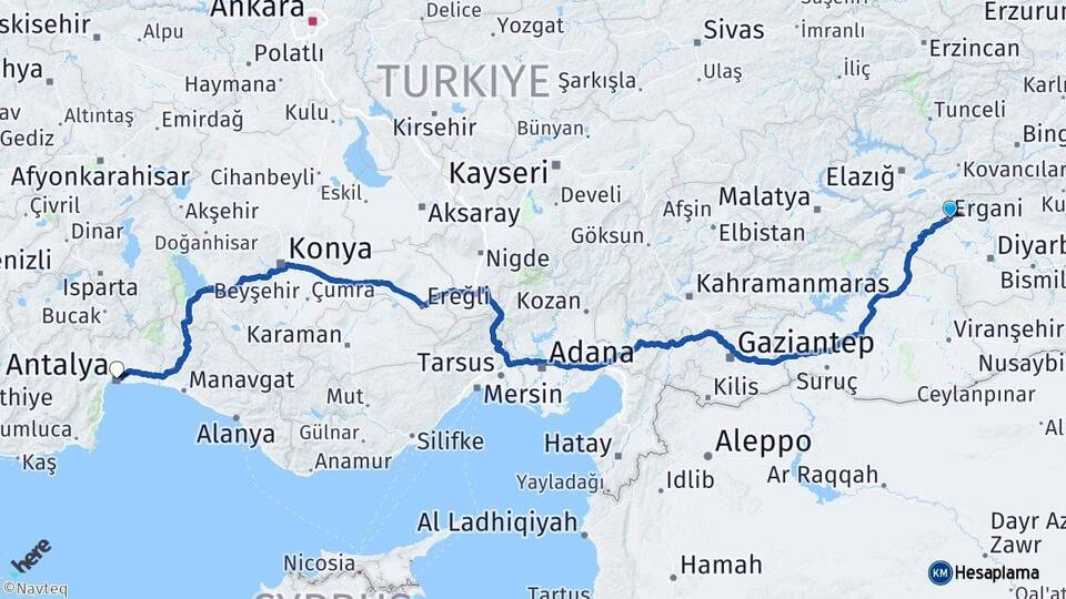 Diyarbakır Ergani Antalya Arası Kaç Km - Yol Haritası