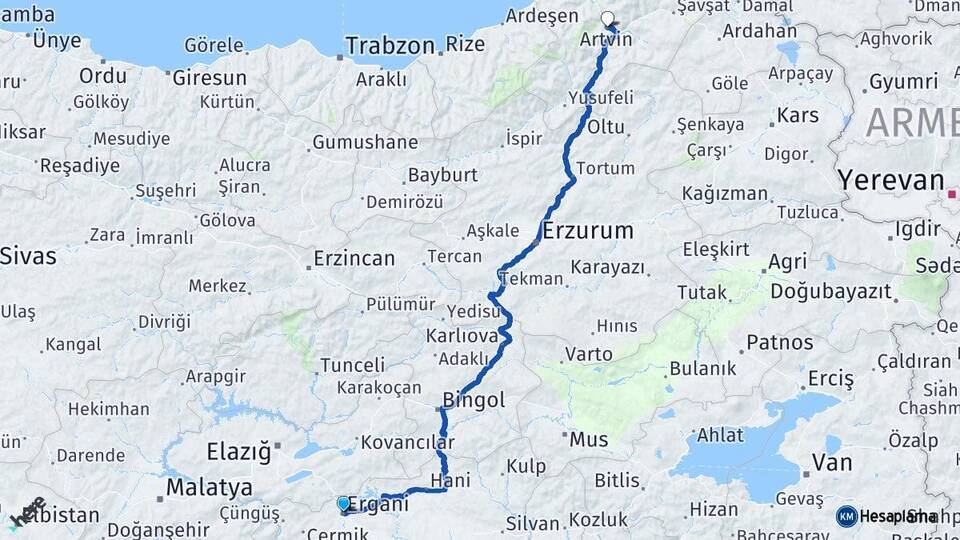 Diyarbakır Ergani Artvin Arası Kaç Km - Yol Haritası