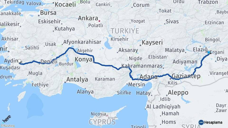 Diyarbakır Ergani Aydın Arası Kaç Km - Yol Haritası