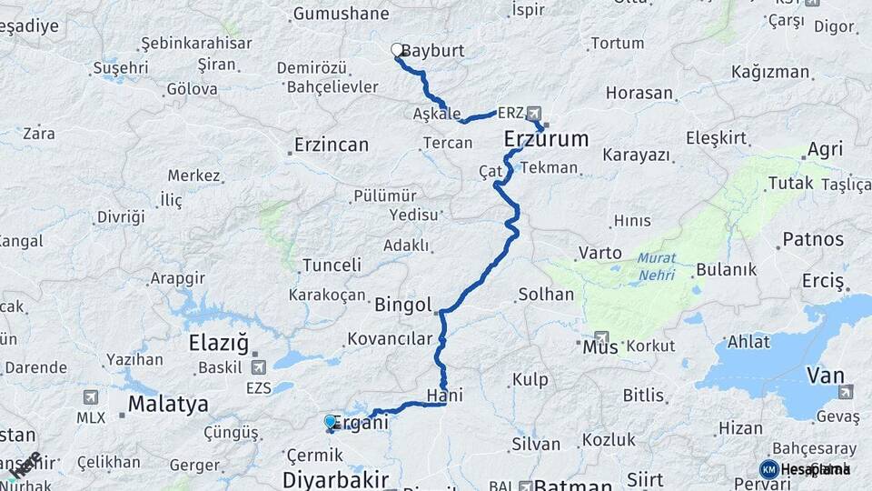 Diyarbakır Ergani Bayburt Arası Kaç Km - Yol Haritası
