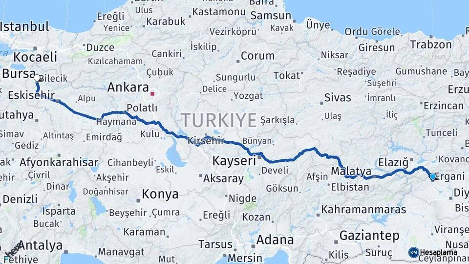 Diyarbakır Ergani Bilecik Arası Kaç Km - Yol Haritası