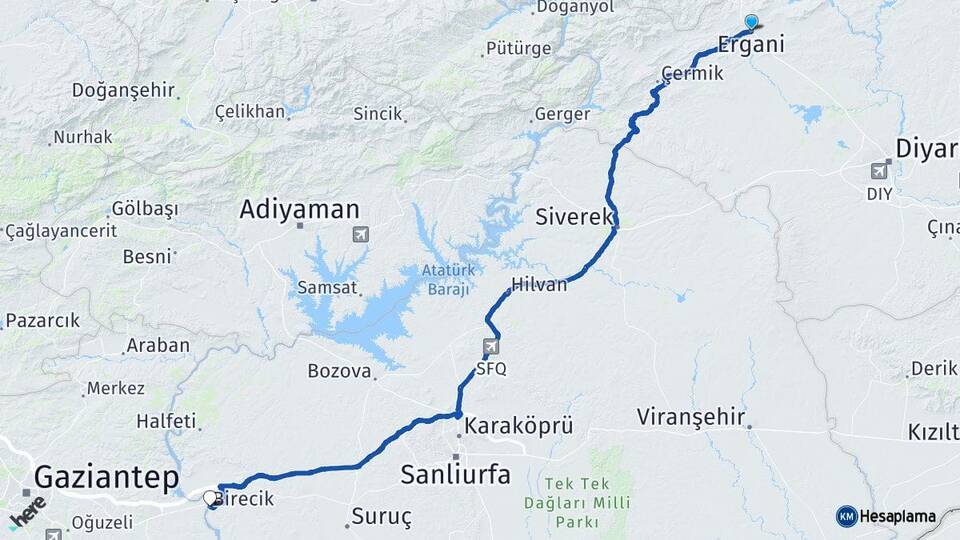 Diyarbakır Ergani Birecik Şanlıurfa Arası Kaç Km - Yol Haritası