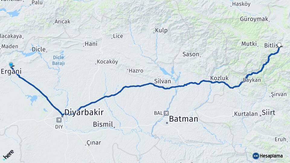 Diyarbakır Ergani Bitlis Arası Kaç Km - Yol Haritası