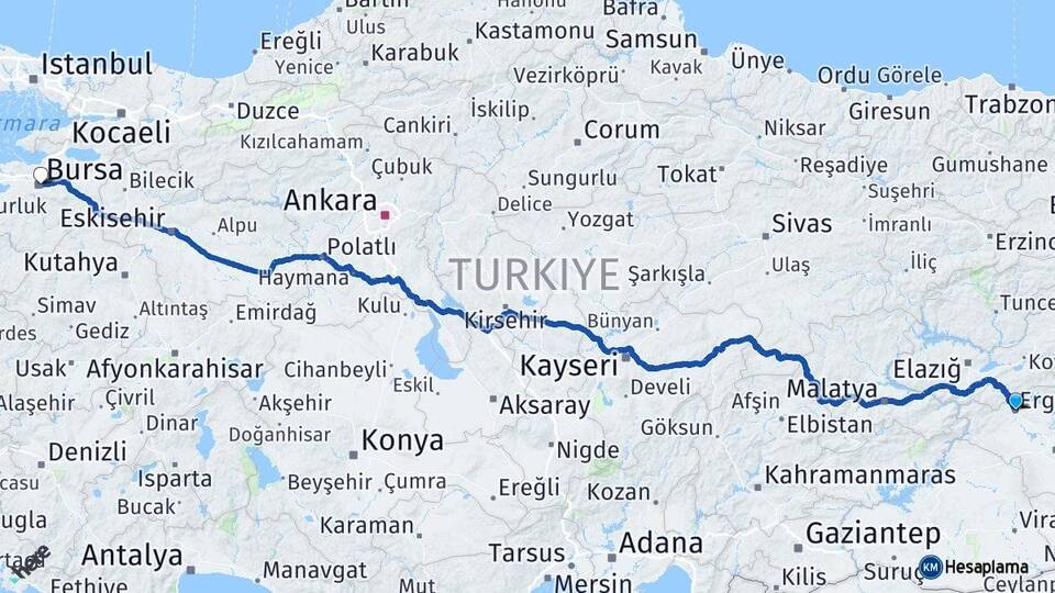 Diyarbakır Ergani Bursa Arası Kaç Km - Yol Haritası