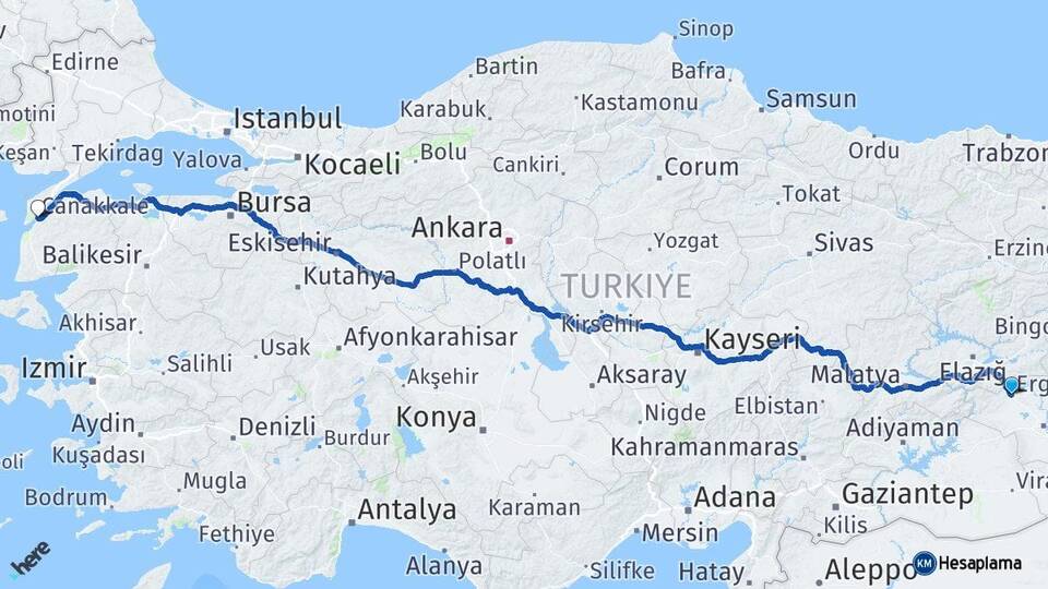Diyarbakır Ergani Çanakkale Arası Kaç Km - Yol Haritası