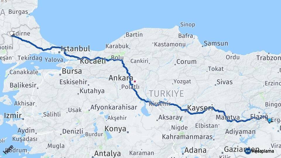 Diyarbakır Ergani Edirne Arası Kaç Km - Yol Haritası