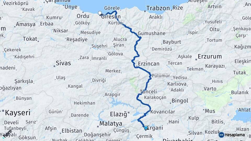 Diyarbakır Ergani Giresun Arası Kaç Km - Yol Haritası