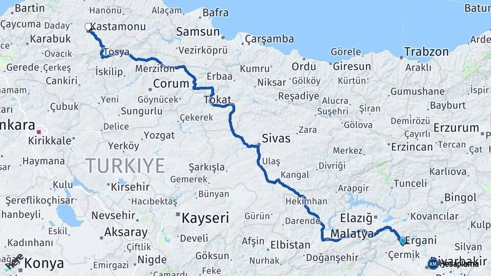 Diyarbakır Ergani Kastamonu Arası Kaç Km - Yol Haritası