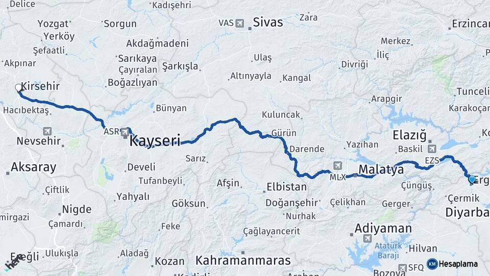 Diyarbakır Ergani Kırşehir Arası Kaç Km - Yol Haritası