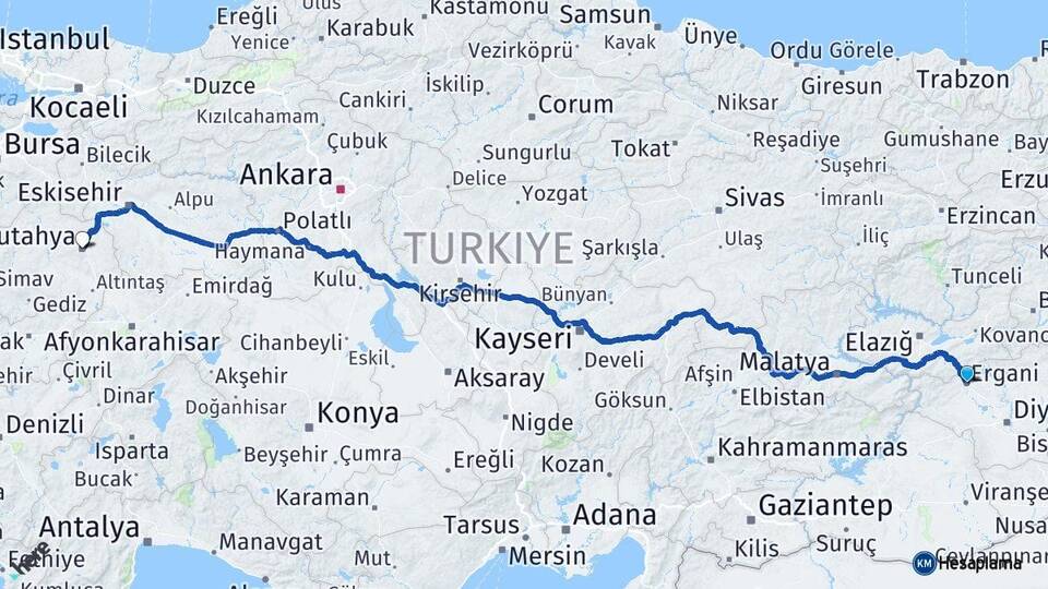 Diyarbakır Ergani Kütahya Arası Kaç Km - Yol Haritası