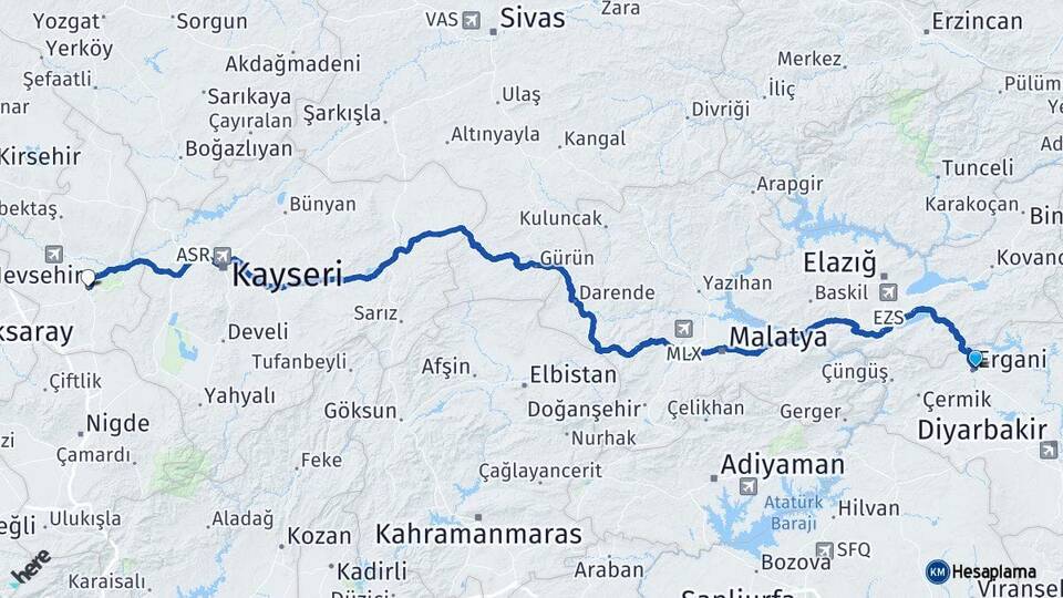 Diyarbakır Ergani Nevşehir Arası Kaç Km - Yol Haritası