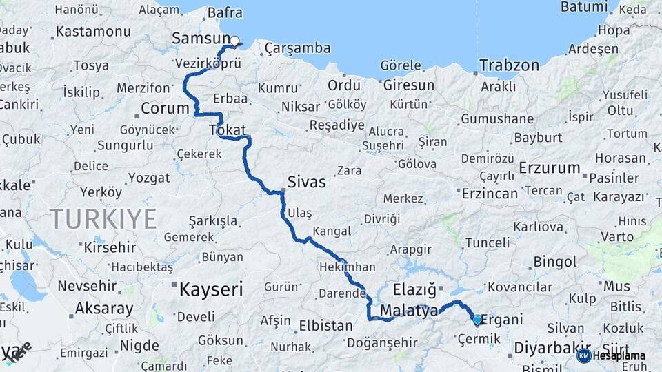 Diyarbakır Ergani Samsun Arası Kaç Km - Yol Haritası