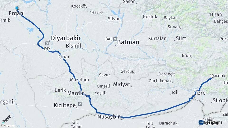 Diyarbakır Ergani Şırnak Arası Kaç Km - Yol Haritası