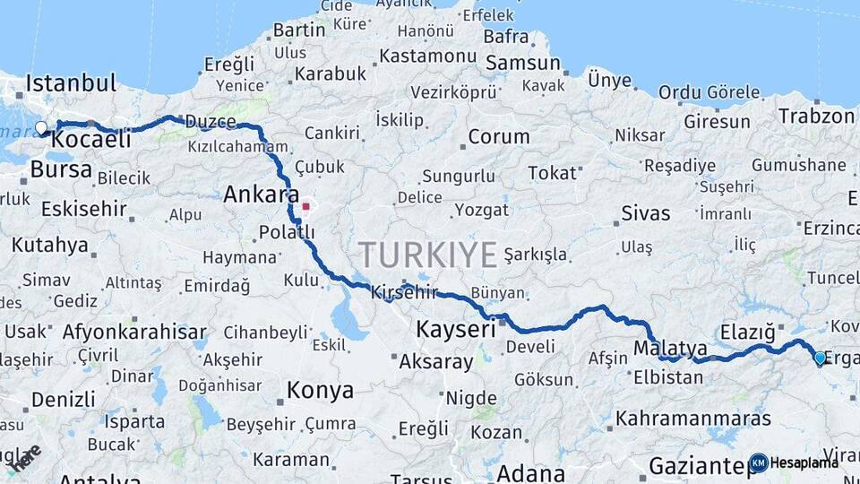 Diyarbakır Ergani Yalova Arası Kaç Km - Yol Haritası
