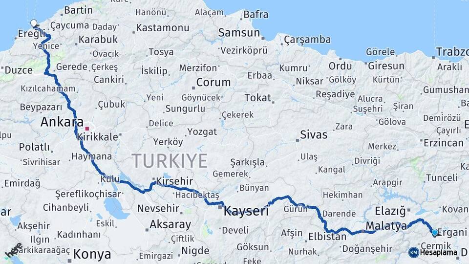 Diyarbakır Ergani Zonguldak Arası Kaç Km - Yol Haritası