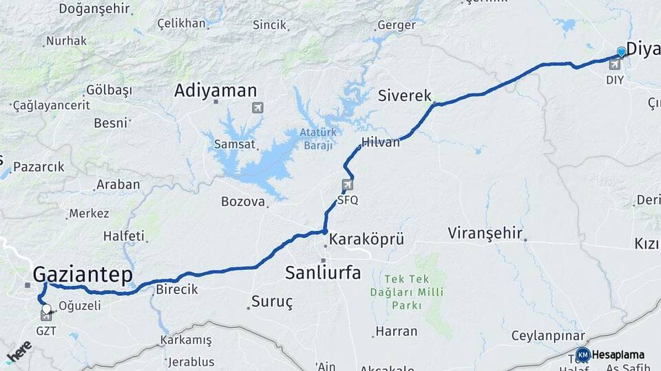 Diyarbakır Gaziantep Havalimanı Arası Kaç Km - Yol Haritası