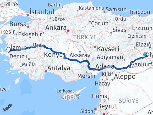 Diyarbakır Gaziemir İzmir Arası Kaç Km - Yol Haritası