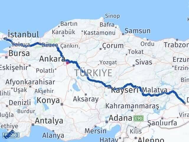 Diyarbakır Gaziosmanpaşa İstanbul Arası Kaç Km - Yol Haritası