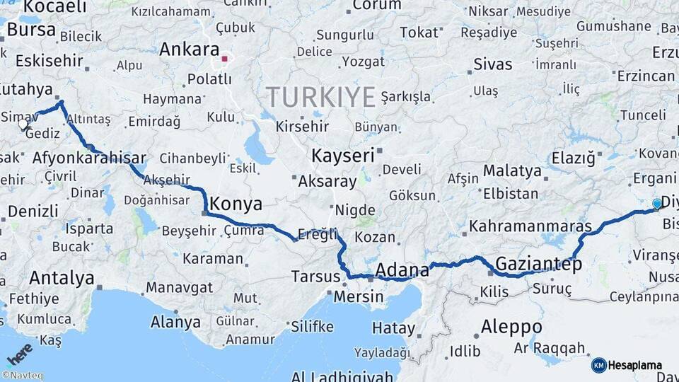 Diyarbakır Gediz Kütahya Arası Kaç Km - Yol Haritası