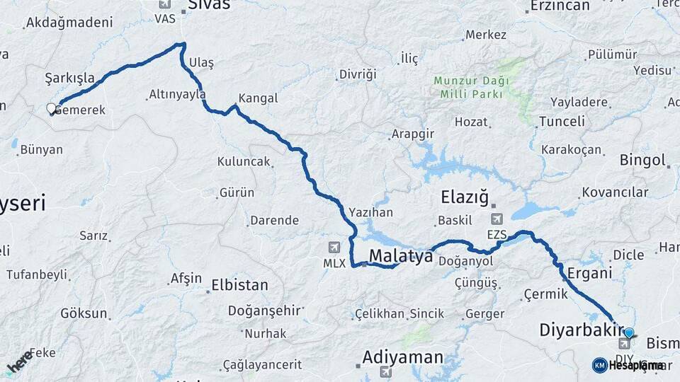 Diyarbakır Gemerek Sivas Arası Kaç Km - Yol Haritası