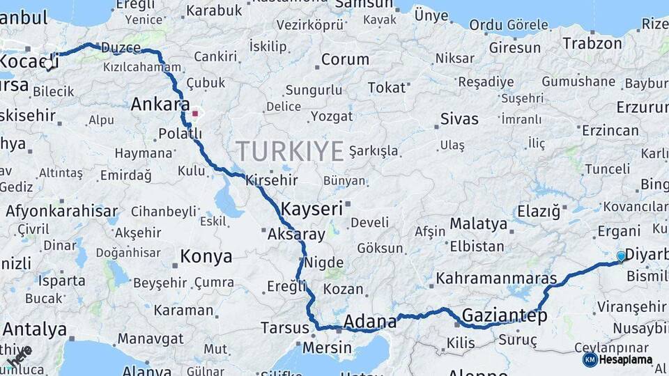 Diyarbakır Geyve Sakarya Arası Kaç Km - Yol Haritası