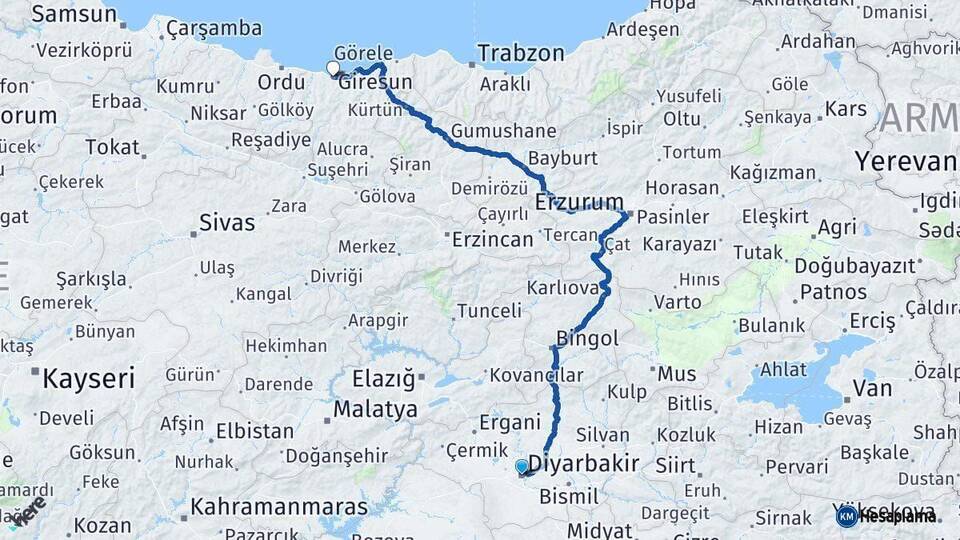 Diyarbakır Giresun Arası Kaç Km - Yol Haritası