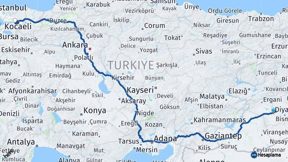 Diyarbakır Gölcük Kocaeli Arası Kaç Km - Yol Haritası