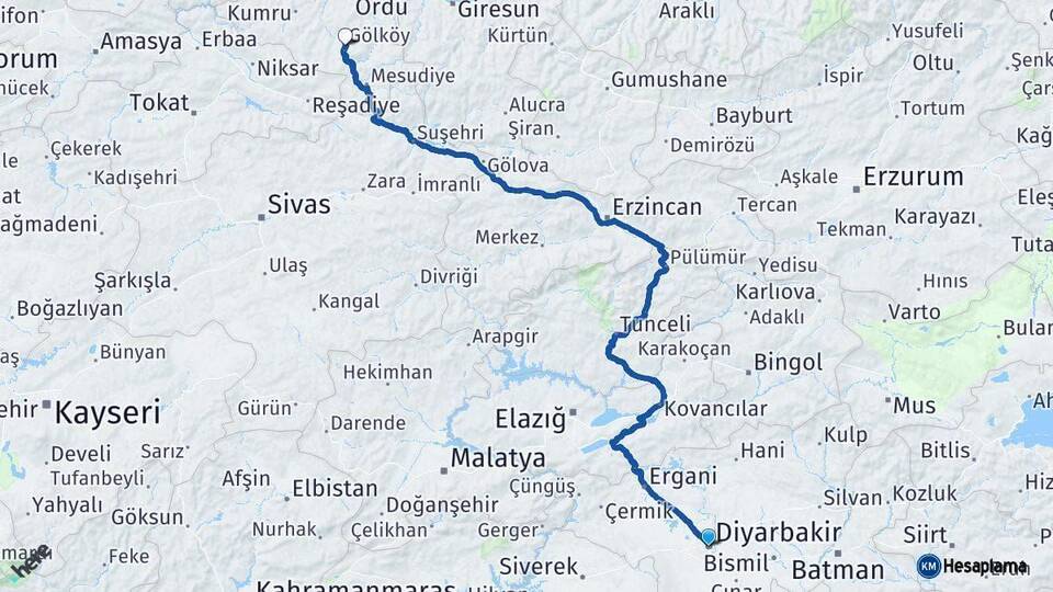 Diyarbakır Gölköy Ordu Arası Kaç Km - Yol Haritası