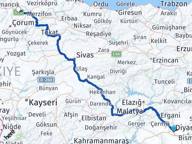 Diyarbakır Gümüşhacıköy Amasya Arası Kaç Km - Yol Haritası
