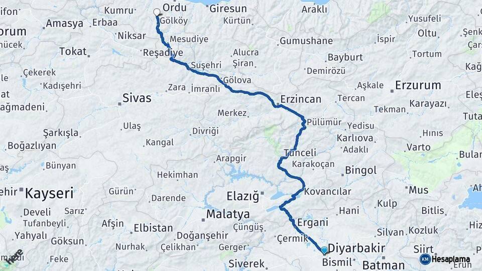Diyarbakır Gürgentepe Ordu Arası Kaç Km - Yol Haritası