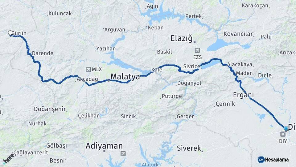 Diyarbakır Gürün Sivas Arası Kaç Km - Yol Haritası
