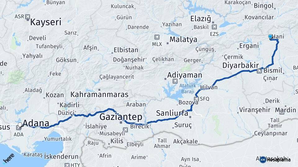 Diyarbakır Hani Adana Arası Kaç Km - Yol Haritası